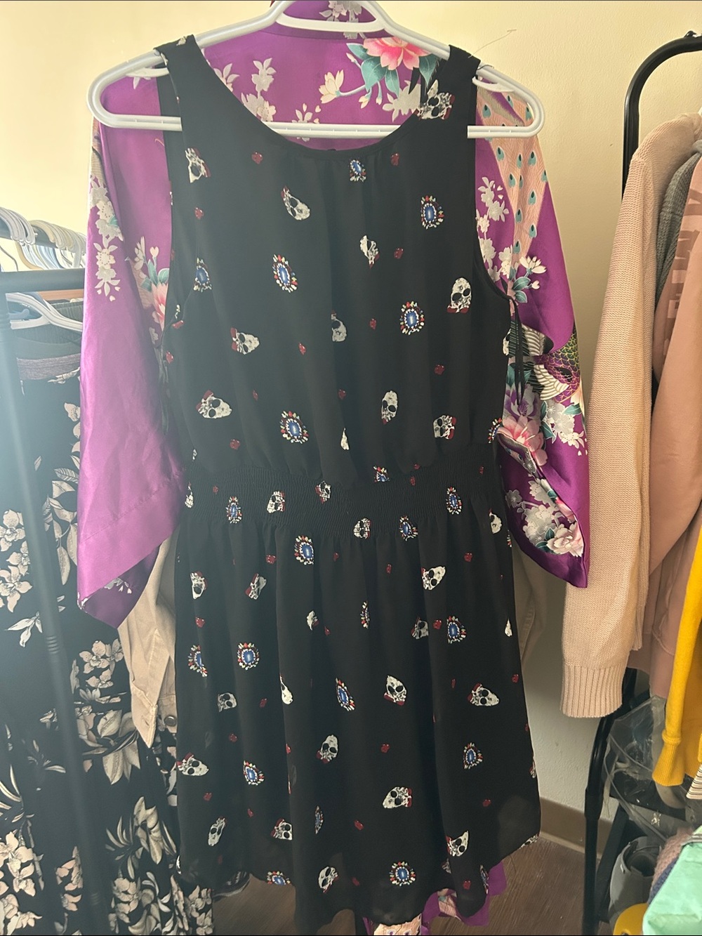 Black Sleeveless Casual Dress with Skull & Floral Accent
